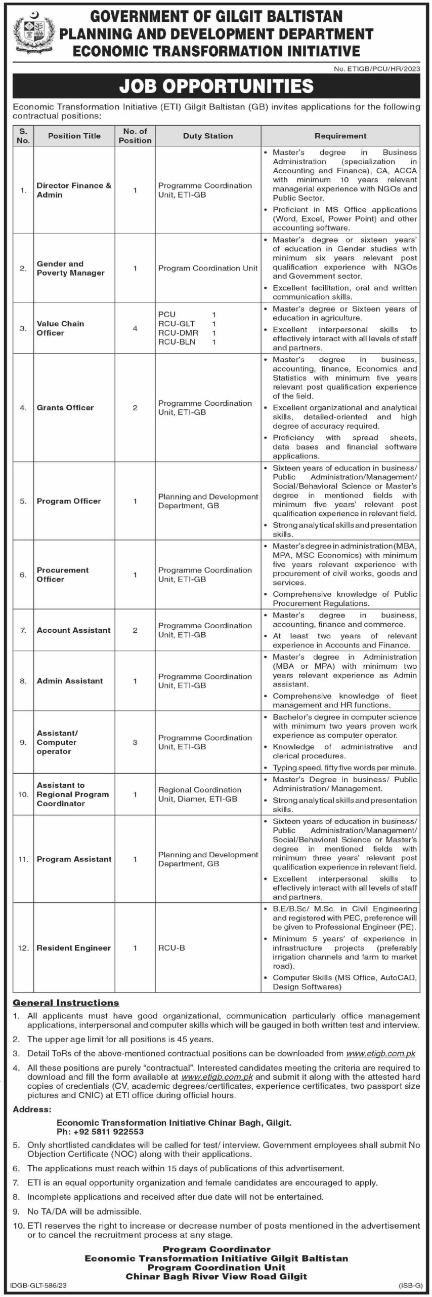 Official Advertisement of Planning and Development Department Gilgit Baltistan Jobs 2023