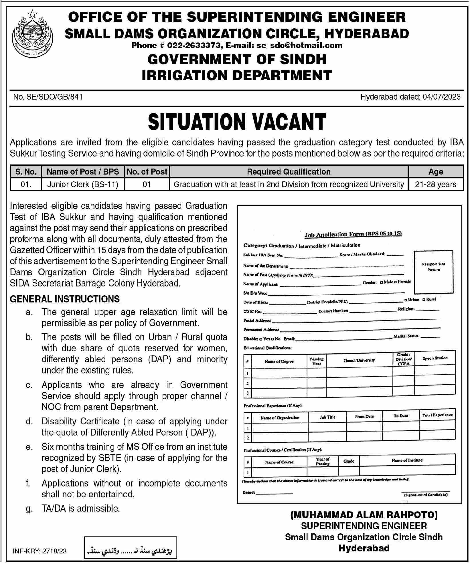 Govt Jobs in Pakistan Online Apply – Sindh Irrigation Department Hyderabad Jobs 2023