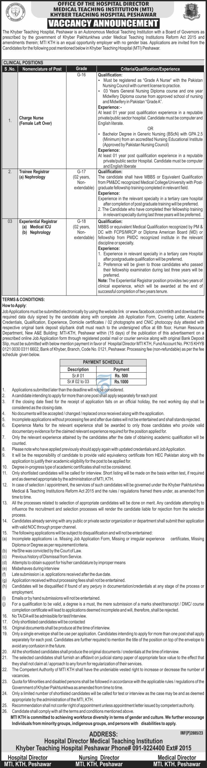 Khyber Teaching Hospital KTH MTI Jobs 2023 | Application Form