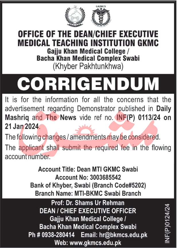 Gajju Khan Medical College Swabi Jobs 2024 | GKMCS