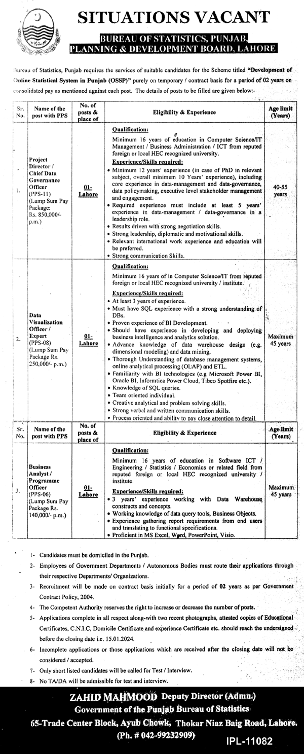 Bureau of Statistics Jobs 2024 Punjab | BOS Application Form