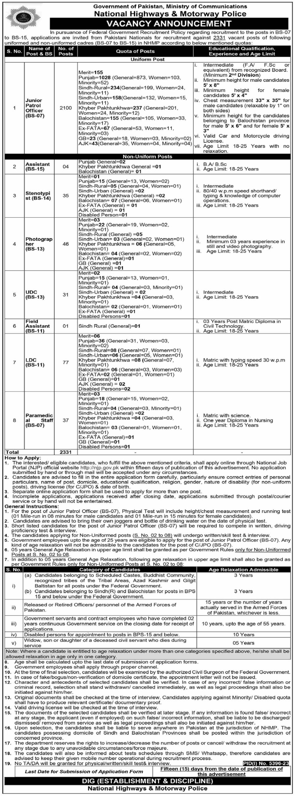 National Highway and Motorway Police Jobs 2024 (2331+ Seats)