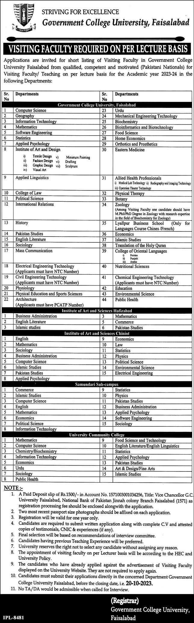 GC University Faisalabad Jobs 2023 | Application Form