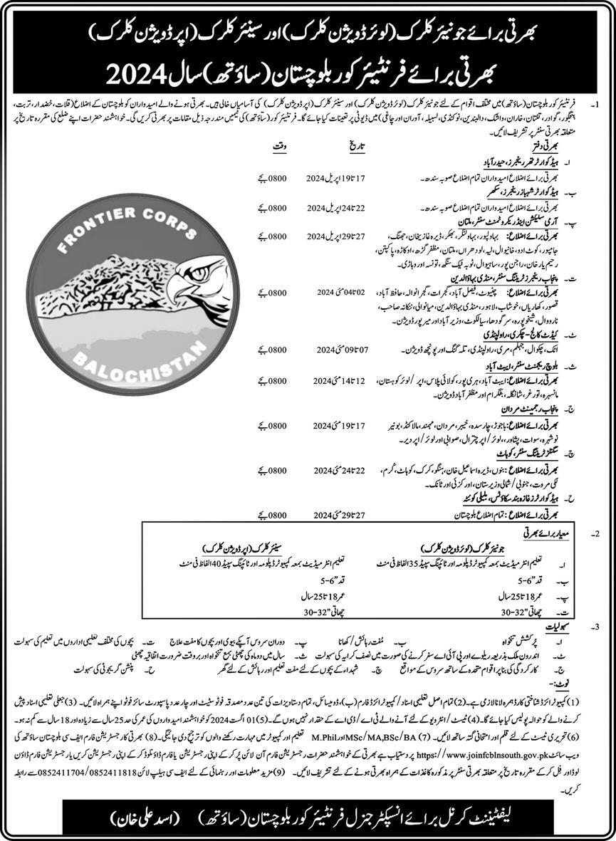 FC Balochistan Jobs 2024 | Frontier Corps South 72 Batch (1000+ Seats)
