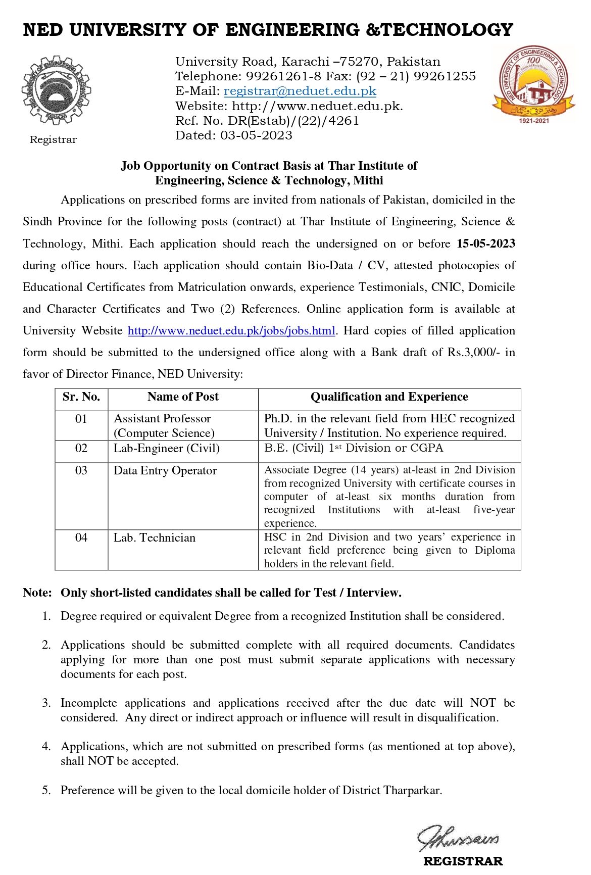 Official Advertisement of NED University Jobs 2023