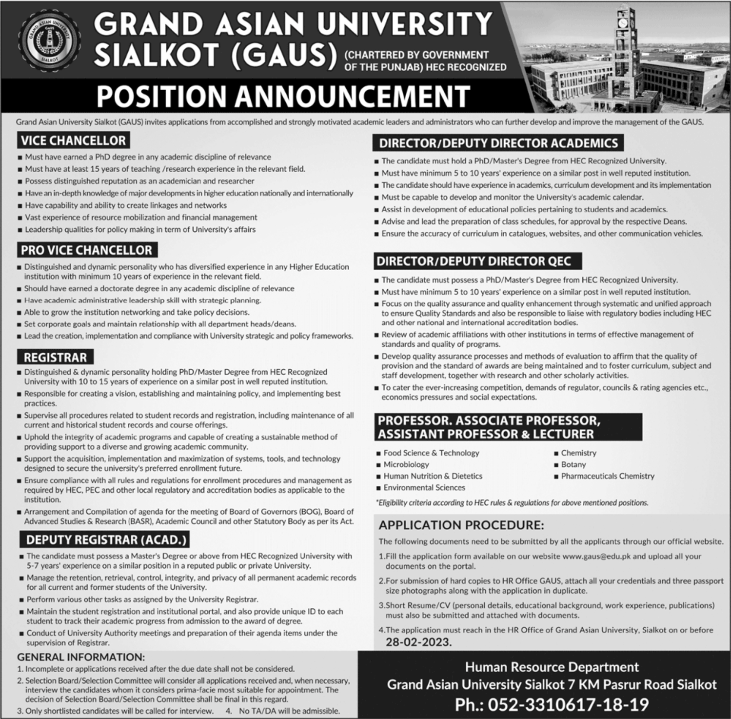 New Jobs in Pakistan Today – Grand Asian University Sialkot Jobs 2023 Latest