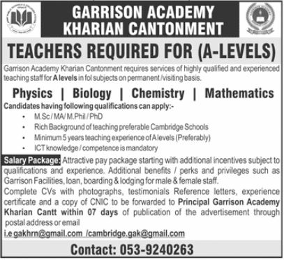 Garrison Academy Kharian Cantt Jobs 2024 Latest Advertisement