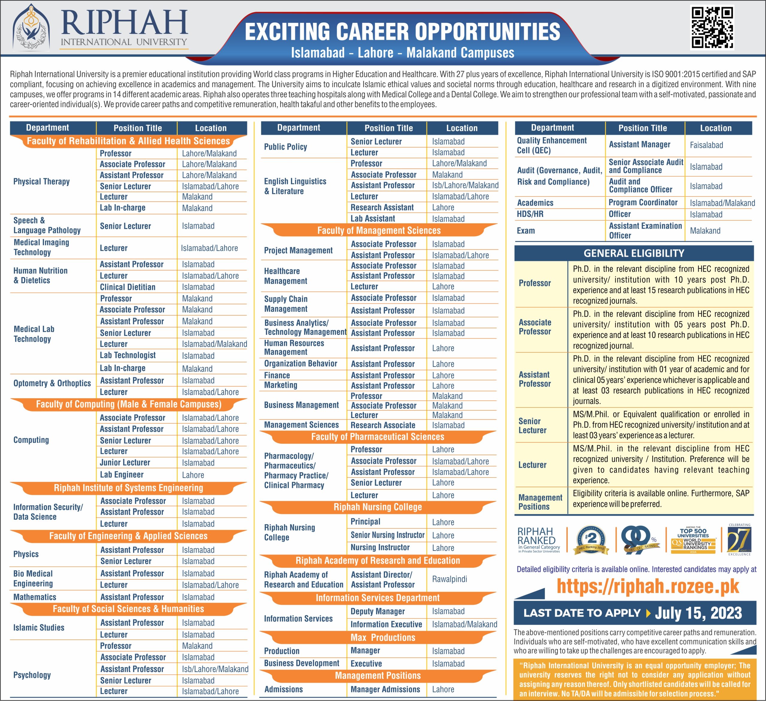Riphah International University Jobs 2023 Apply Online