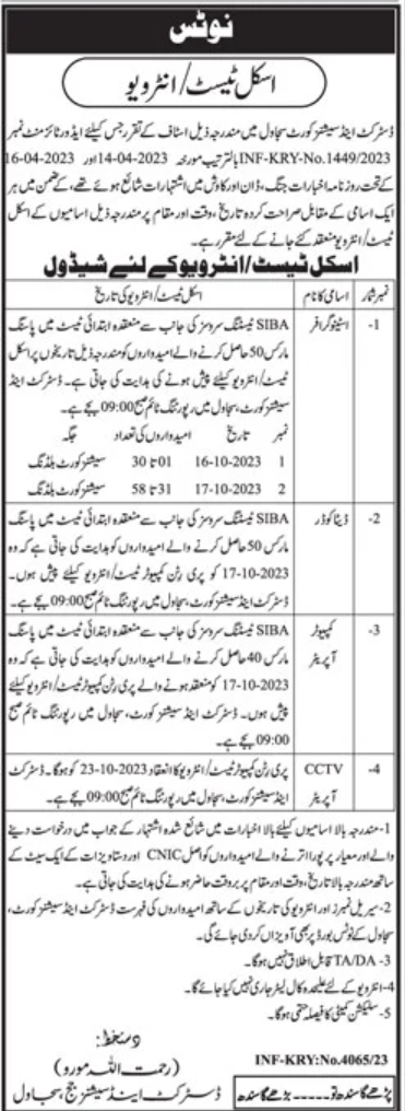 Official Advertisement of District and Session Court Sujawal Jobs 2023