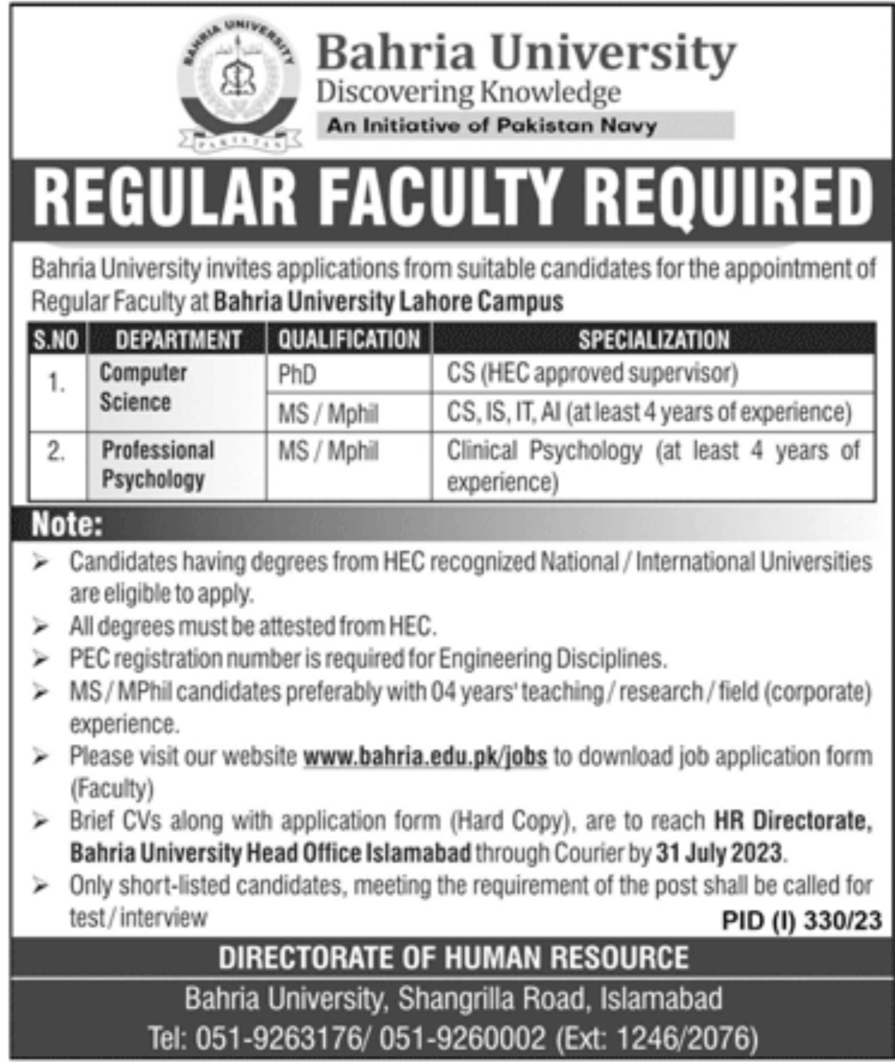 Bahria University Jobs 2023 (Karachi, Lahore, and Islamabad Campuses)