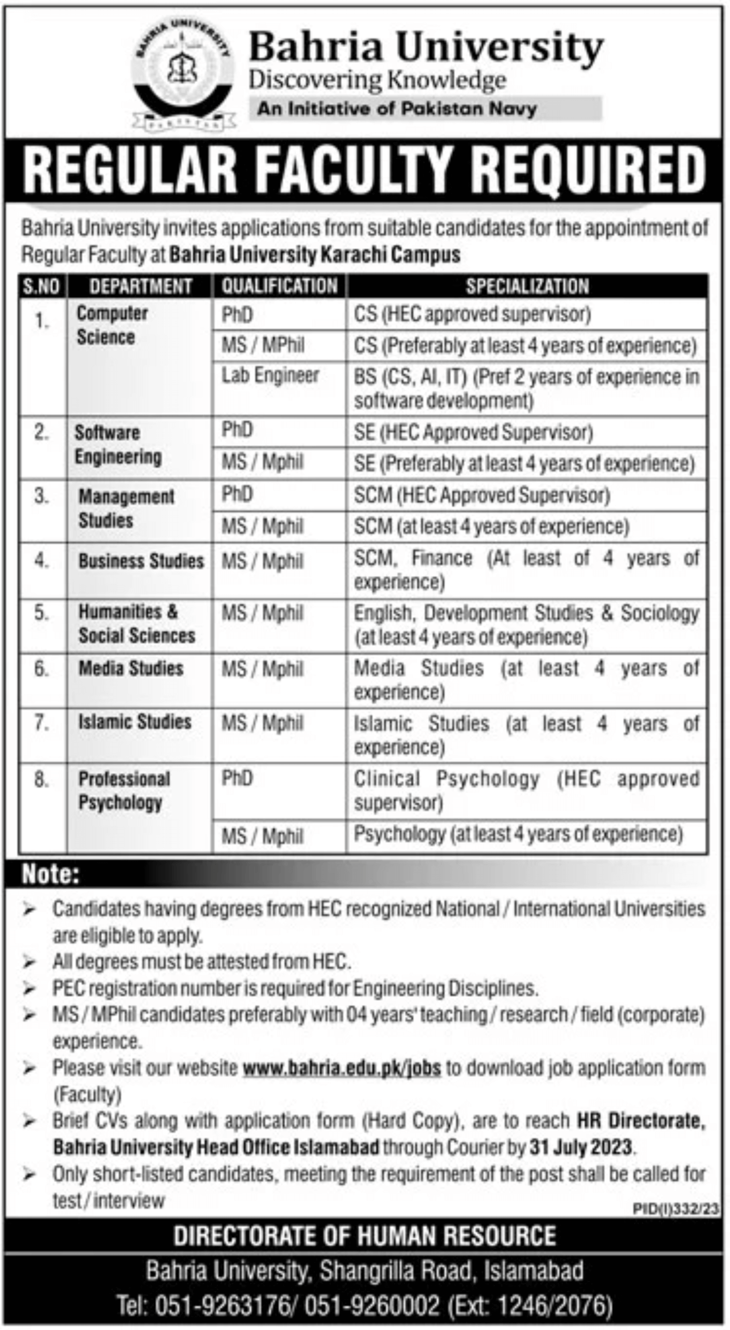 Bahria University Jobs 2023 (Karachi, Lahore, and Islamabad Campuses)