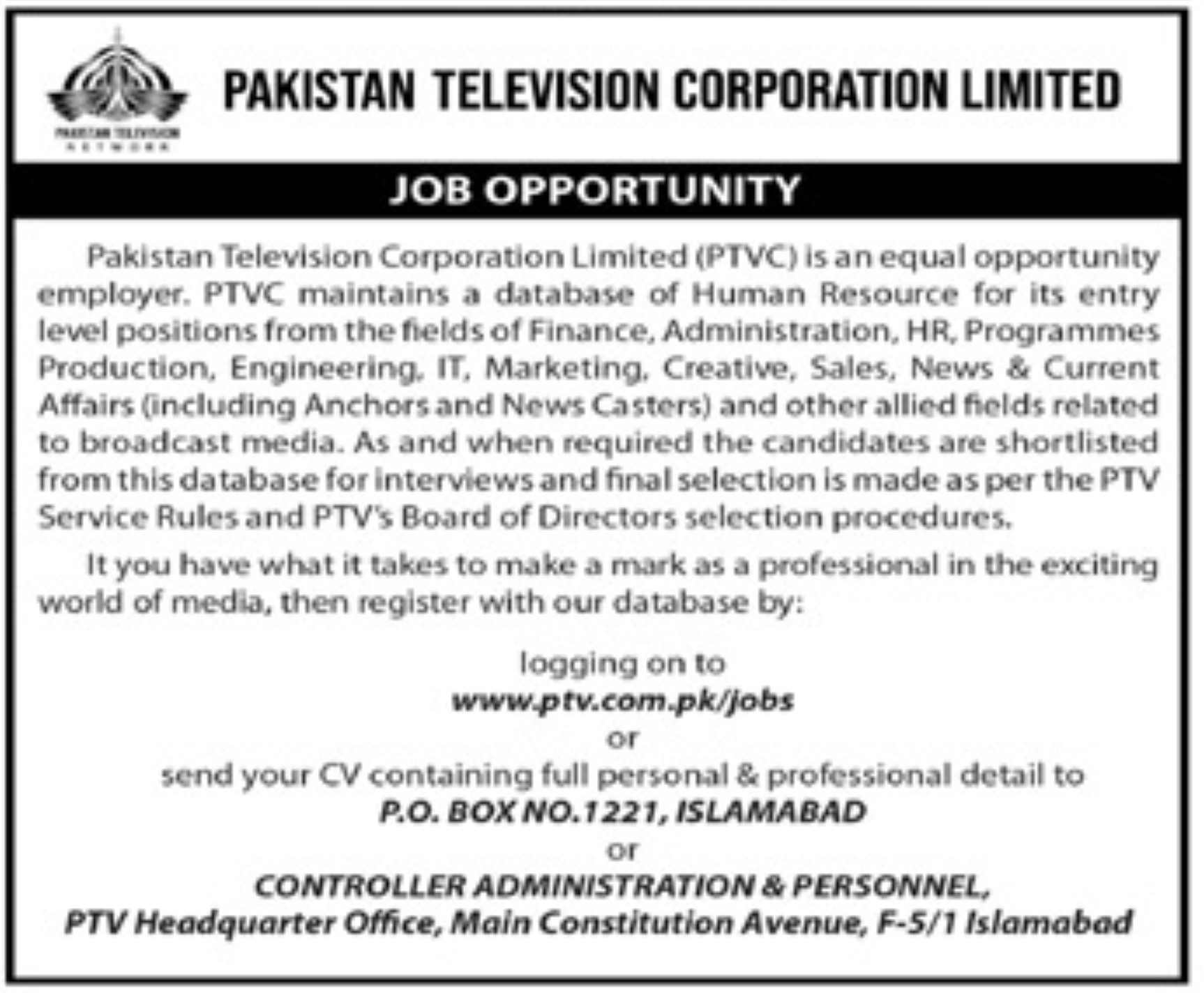 PTV Jobs 2024 Apply Online | Pakistan Television Corporation