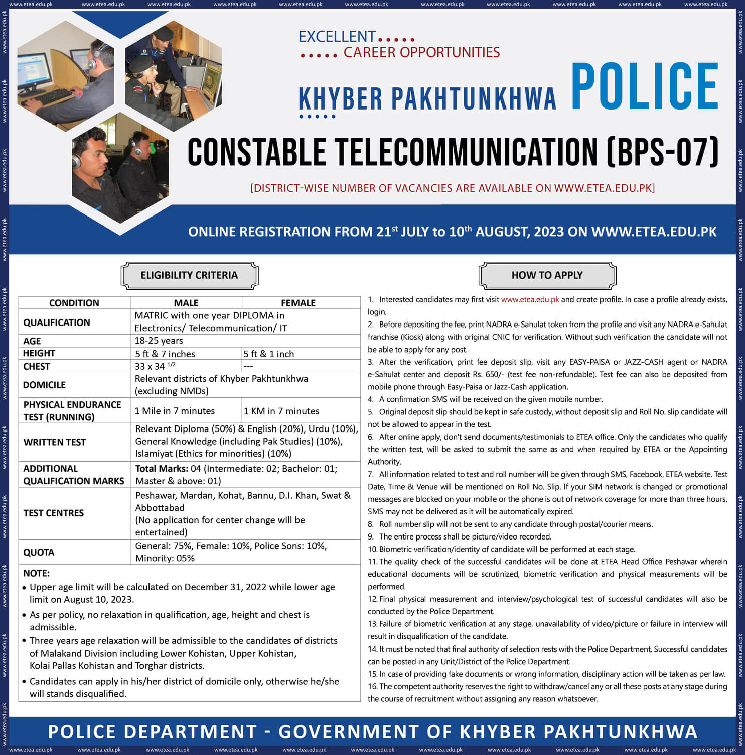 Government Jobs in Pakistan Today – New Govt KPK Police Jobs 2023 Constable Telecommunication Etea Jobs 2023 Latest – Pakistan Jobs Bank