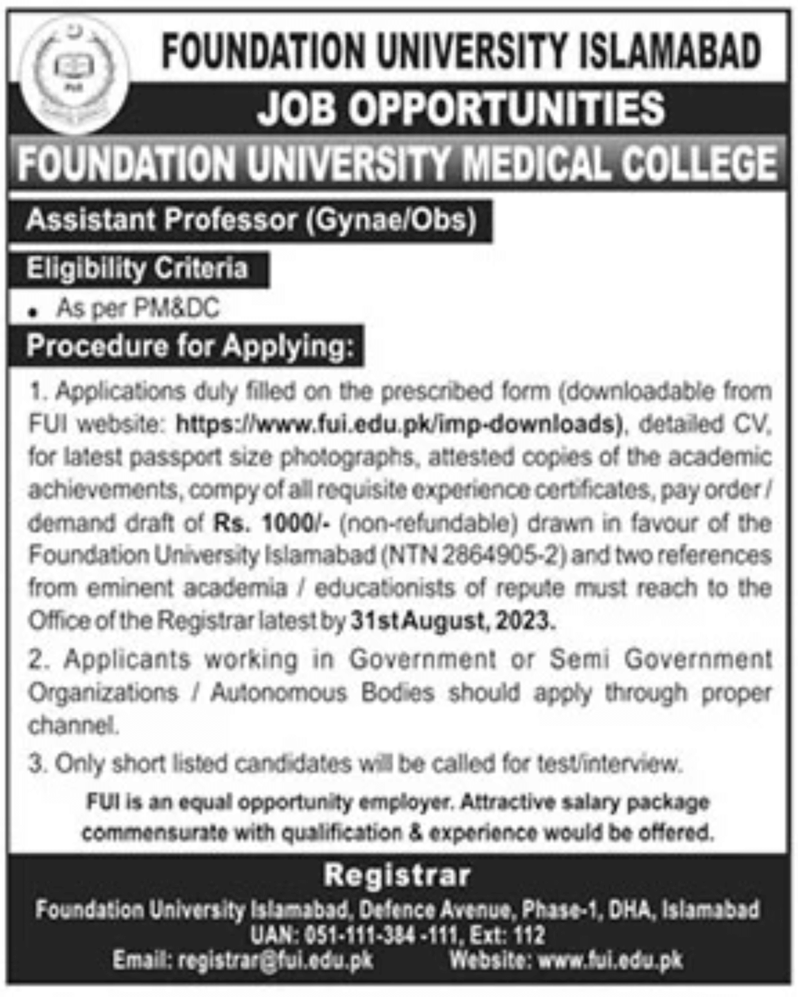 Foundation University Islamabad Jobs 2023 FUI | Application Form
