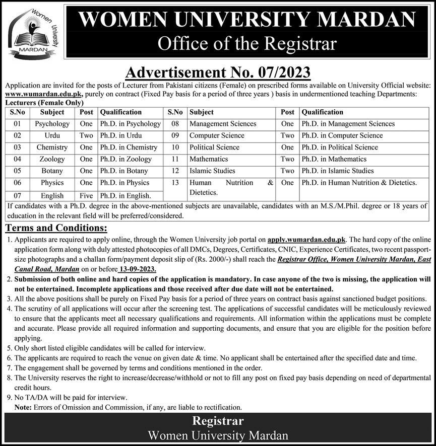 Government Jobs in Pakistan Today – Women University Mardan Jobs 2023