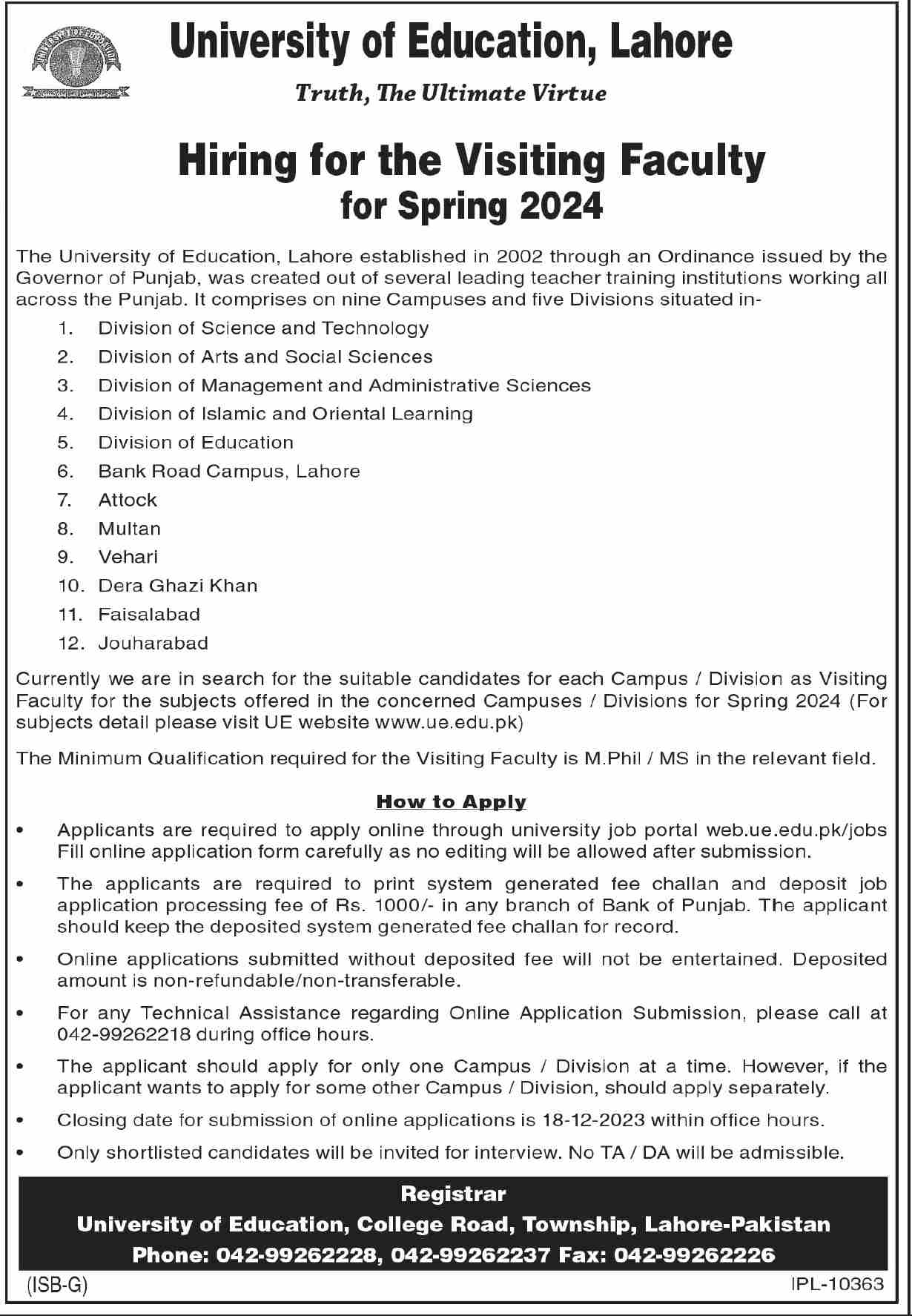 University of Education Jobs 2023 | UE Lahore Visiting Faculty