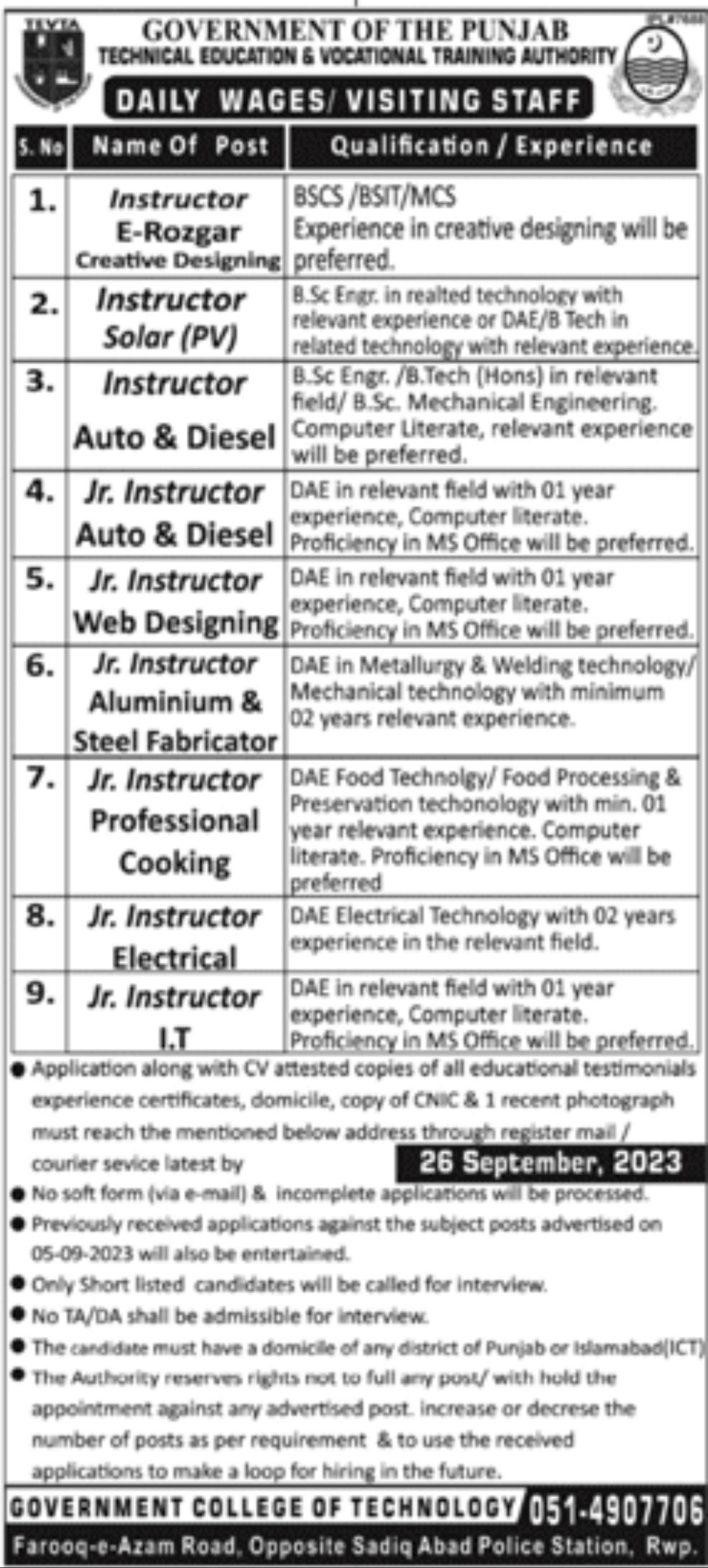 Government Jobs in Pakistan Today – Technical Education and Vocational Training Authority TEVTA Jobs 2023