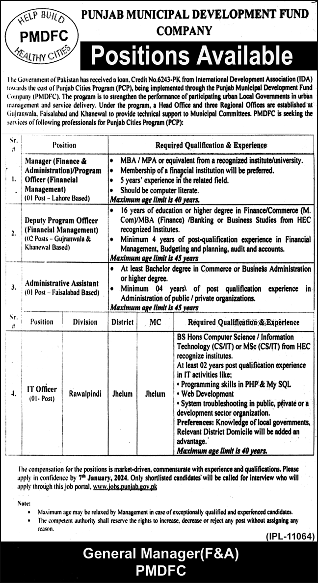 PMDFC Jobs 2024 | Punjab Municipal Development Fund Company