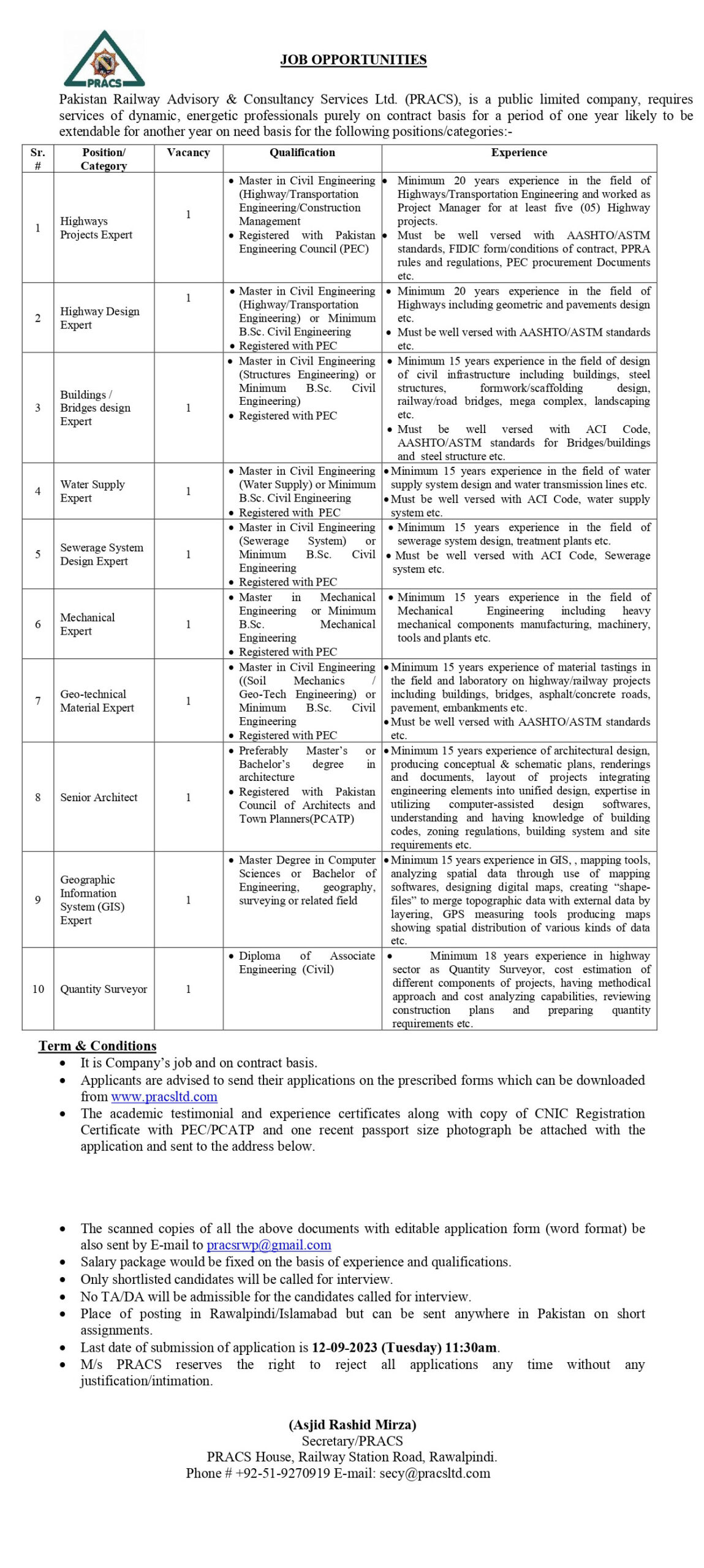 Advertisement of Pakistan Railway Advisory & Consultancy Services Jobs 2023