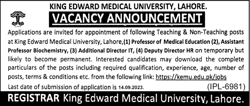 King Edward Medical University KEMU Jobs 2023 Lahore