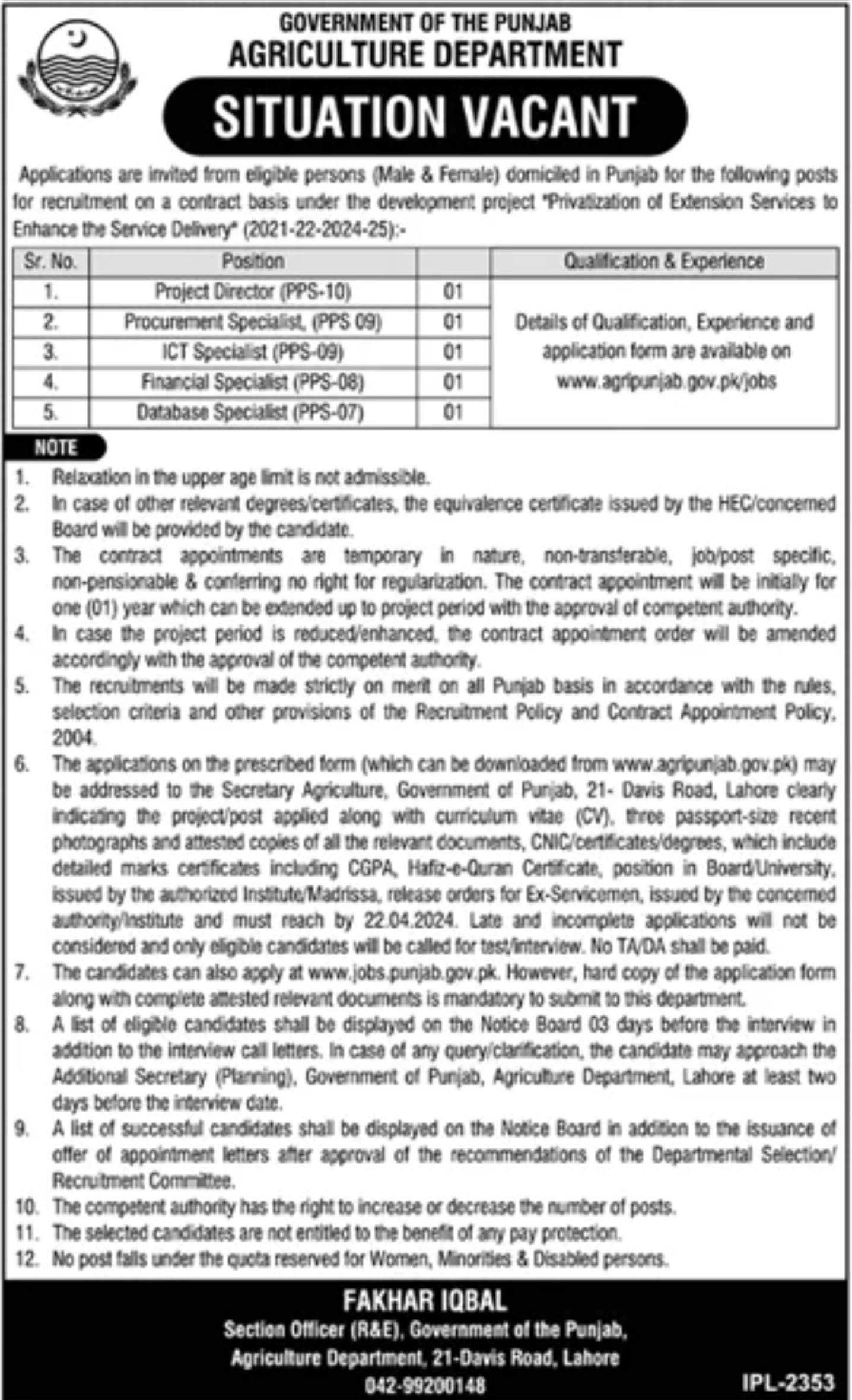 Agriculture Department Punjab Jobs 2024 Application Form