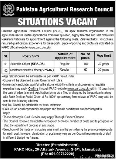 PARC Jobs 2024 | Pakistan Agricultural Research Council (240+ Seats)