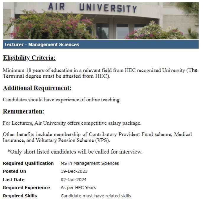 Air University Jobs 2024 Islamabad | Apply Online