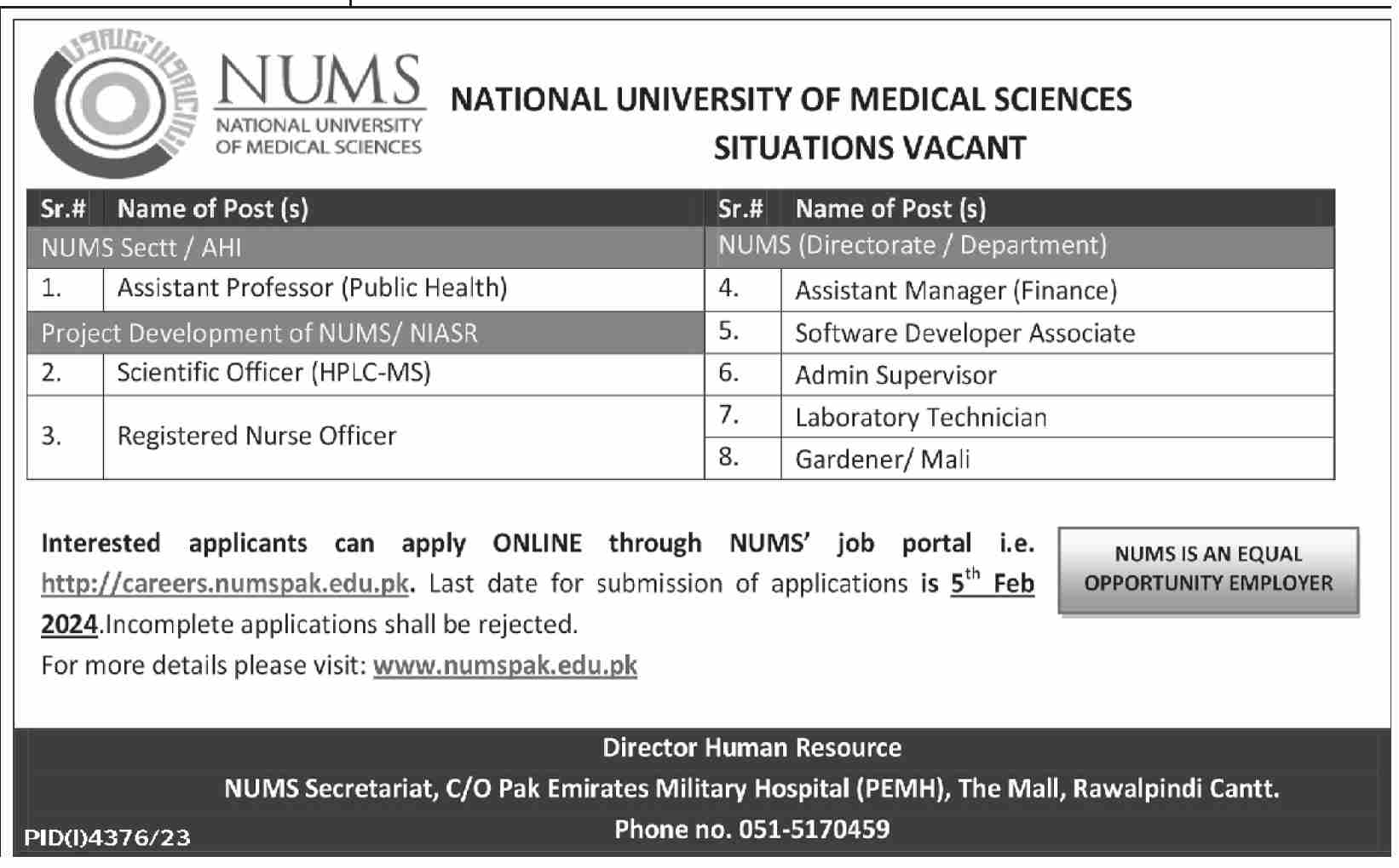 NUMS Jobs 2024 | National University of Medical Sciences