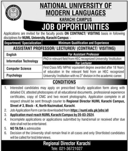 NUML Jobs 2024 All Pakistan Campus Apply Online