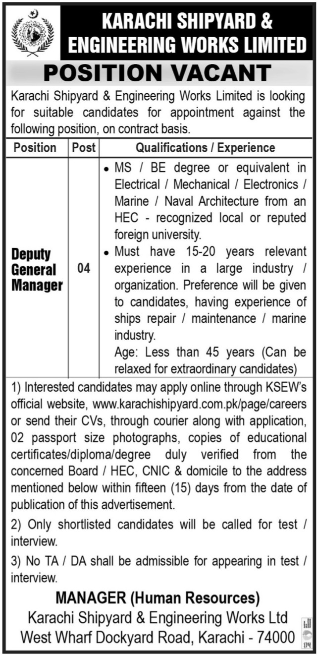 Karachi Shipyard KSEW Jobs 2024 Latest Advertisement