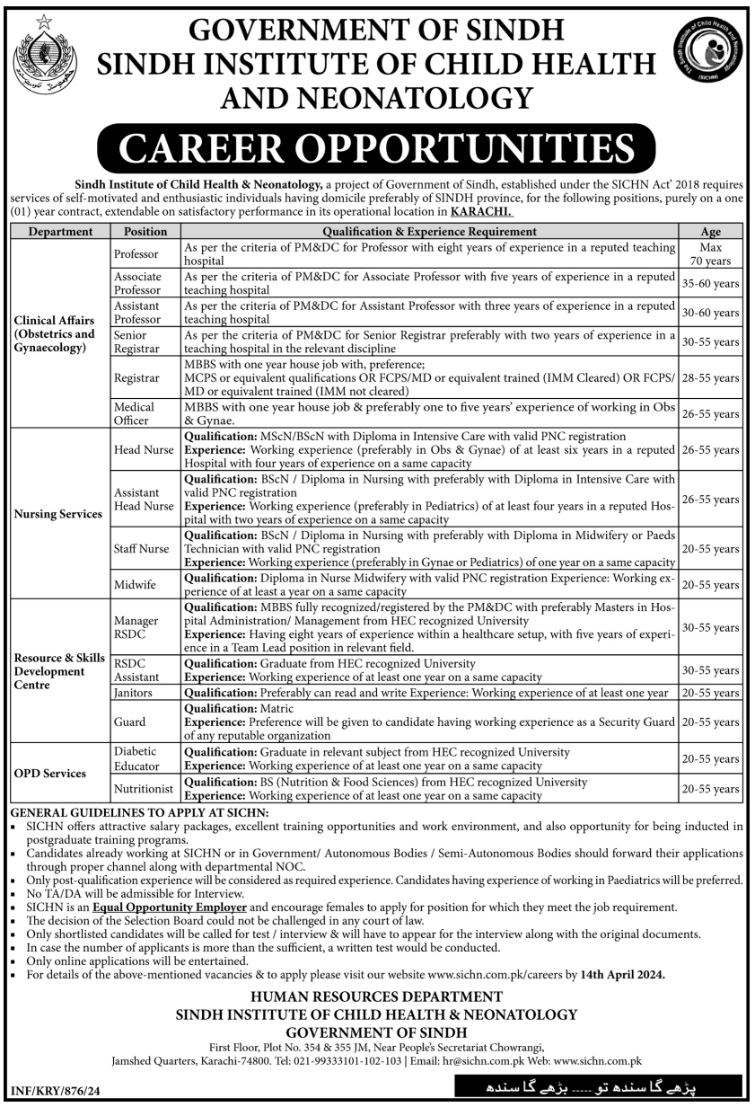 Sindh Institute of Child Health and Neonatology Jobs 2024 (SICHN)